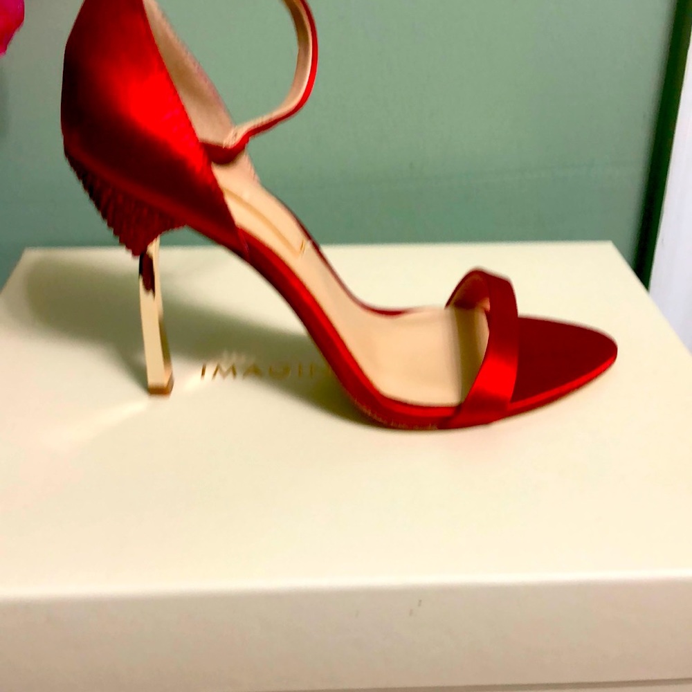 Red open toe satin heels